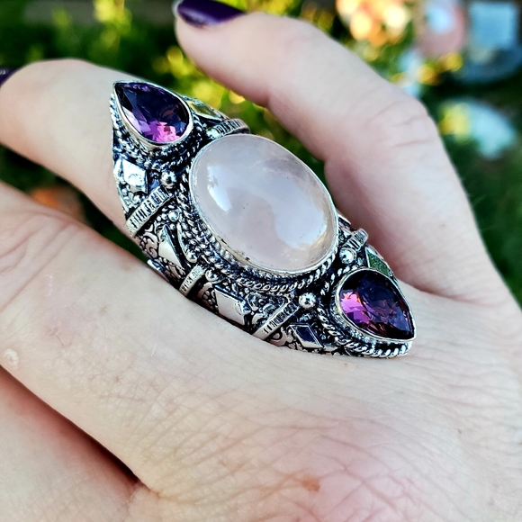 New Rose Quartz and Amethyst 925 Silver Statement Ring. - Picture 15 of 16